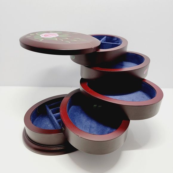 Jewelry Box Organizer 5 Tier Oval Wooden Swivel Tower Hand Painted Floral - Picture 6 of 16